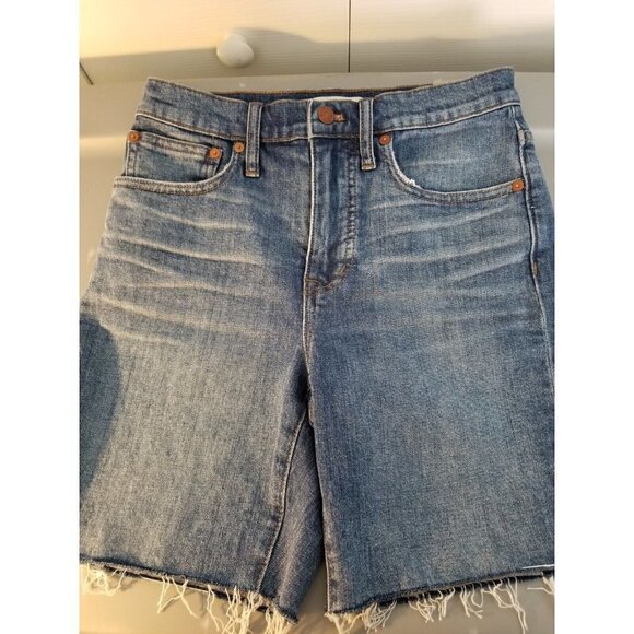 MADEWELL High-Rise Mid-Length Blue Denim Shorts Cut Off Distressed Womens Sz 25 - Picture 1 of 8